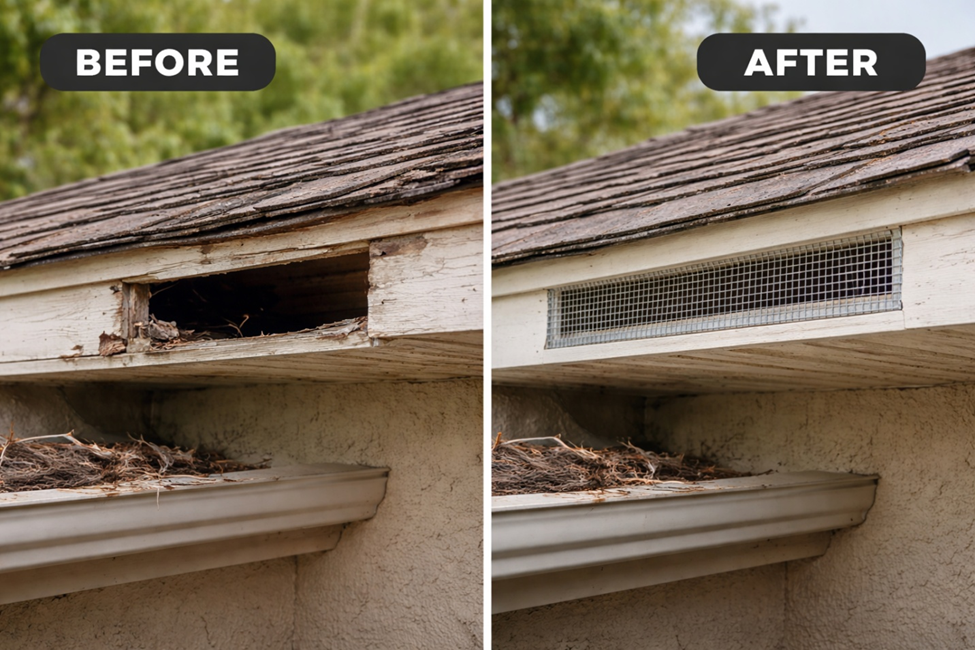 Wildlife entry point repair before and after Galveston TX call 281.399.2666