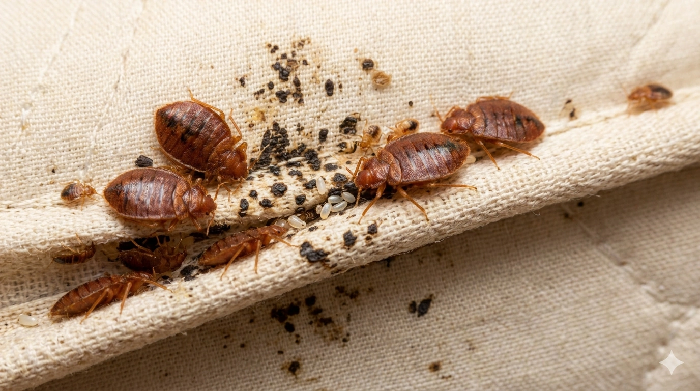 bed bug inspection and treatment on mattress seam inside residential home in Texas