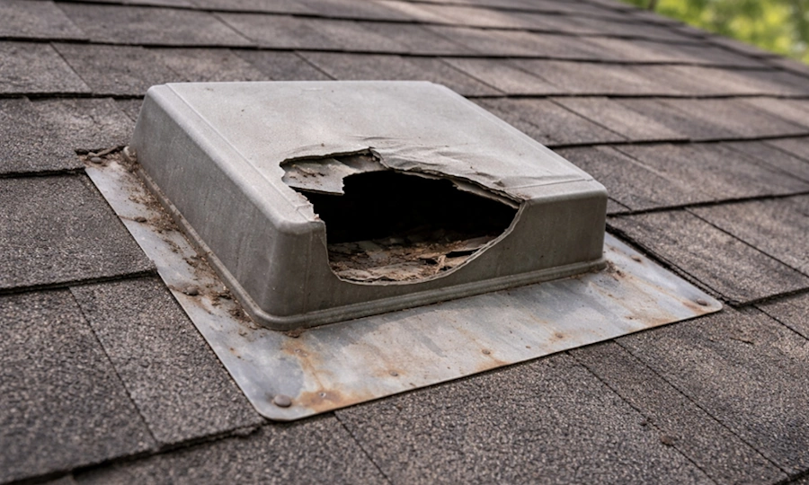 before attic vent gap allowing wildlife entry in galveston 281.399.2666