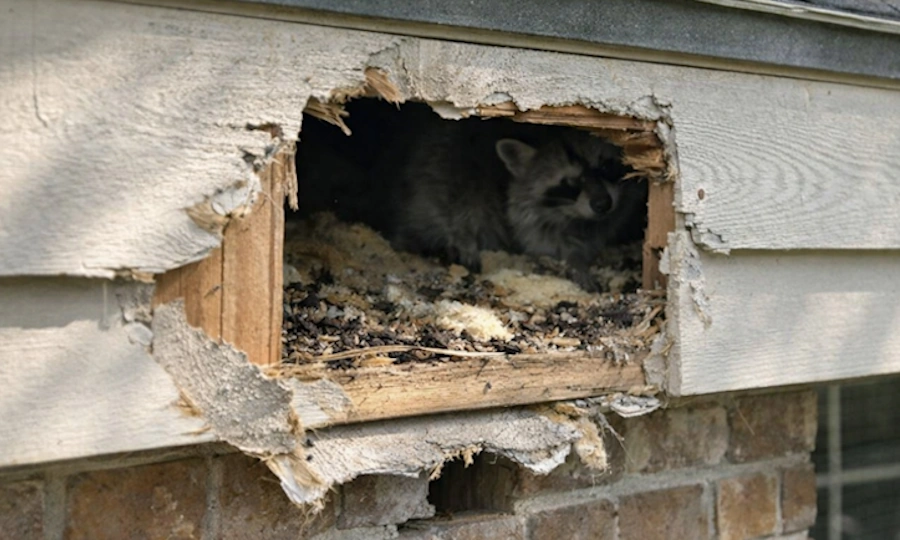 before raccoon entry point at soffit edge in galveston 281.399.2666