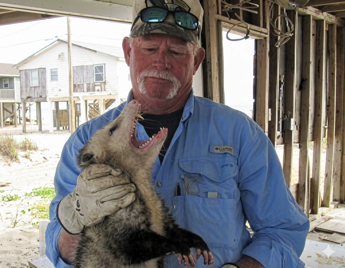 wildlife removal technician inspecting attic entry point in galveston 281.399.2666
